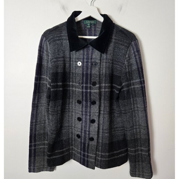 Lauren Ralph Lauren Size XL Double Breasted Lambs Wool Blazer Velvet Collar Gray - Picture 1 of 8